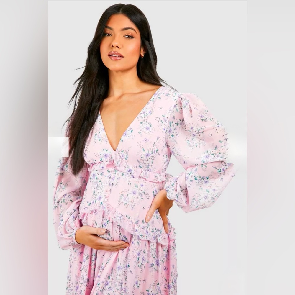 Boohoo Maternity Floral Print Side Slit Maxi Dress - Picture 3 of 4